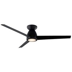 a black ceiling fan with two lights on each side and one light on the other