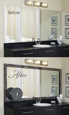 before and after photos of a bathroom vanity with mirror, lights, and sink in it