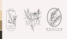 the logo for rooted is shown in black and white