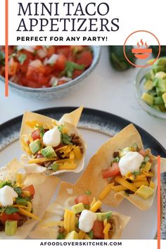 three tortilla shells on a plate with salsa and avocado