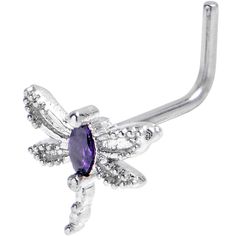 Product Details20 Gauge 7mm Purple Gem Texture Butterfly L Shape Nose Ring Let your piercings soar with style when you're rocking this 20 gauge nostril ring. It is made with a .27 inch length at the bend 316L surgical grade stainless steel L-shaped post. It features a dragonfly charm, with purple gems set in the body. The wings are done in an openwork style and both wings and tail are embellished with textured detailing. Spread your wings and take flight with this dashing dragonfly nose piercing Gem Texture, Butterfly Nose Stud, Butterfly Nose Piercing Stud, Purple Septum Ring, Texture Butterfly, Purple Nose Stud, Unique Purple Heart-shaped Jewelry, L Shaped Nose Ring, Nostril Ring