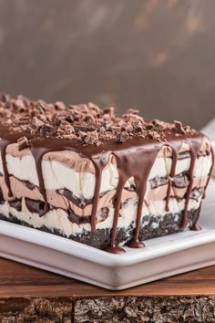 a piece of ice cream cake on a white plate