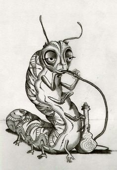 a drawing of an insect with a pipe in its mouth and eyes, sitting on the ground