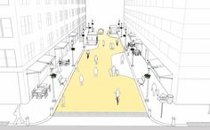 an artist's rendering of a city street with people walking and sitting on benches