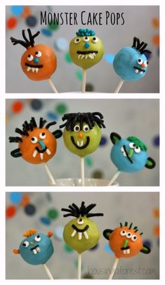 cake pops decorated like monsters with faces on them