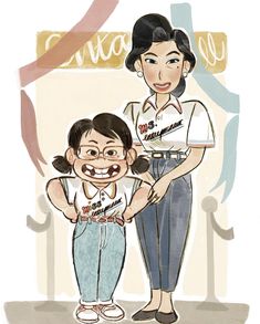 an illustration of two women standing next to each other, one is wearing glasses and the other has her hand on her hip