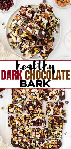 healthy dark chocolate bark with nuts and cranberries in the middle, on a white plate