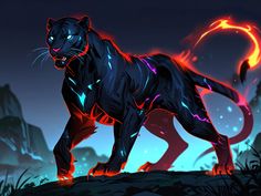 a black panther standing on top of a hill next to a fire filled forest at night