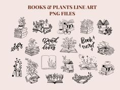 the books and plants line art png files are available for use in this project