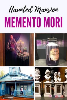 several different pictures with the words haunted mansion, mementoo mori and an image of