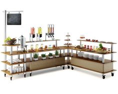 an assortment of food items displayed on wooden shelves