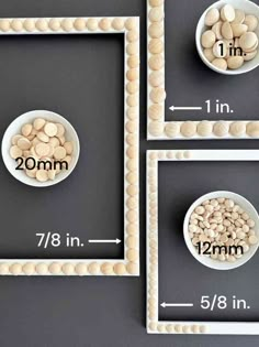 three white bowls filled with different types of nuts in front of a black background and measurements for each bowl