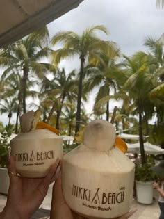 two people holding up coconuts in front of palm trees