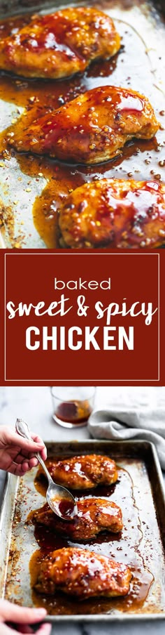 baked sweet and spicy chicken on a baking sheet with tongs in it, ready to be served