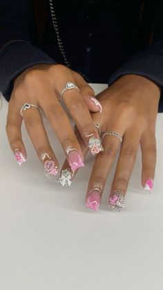 junk nails Short Blinged Out Frenchies, Junked Nails, Junk Nails Duck Short, Junk Yard Nails, Pink Junk Nails Short, Short Freestyle Nails With Charms, Short Duck Nails Acrylic Junk Pink, Short Nails Junk