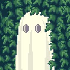 a pixellated image of a ghost in front of some bushes with eyes drawn on it