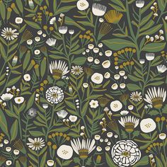 a floral pattern with white flowers and green leaves on a dark background, in shades of grey