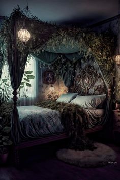 a canopy bed covered in lots of greenery and hanging lights next to a window