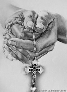 a drawing of two hands holding a rosary