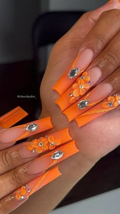 Spring Nails 2024 Trends Long, Orange Ballerina Nails, Orange Nails With Gems, Orange Homecoming Nails, Orange Nails Acrylic Design, Orange Bling Nails, Orange Acrylic Nails Designs, Ombre Nails With Diamonds, Panama Nails