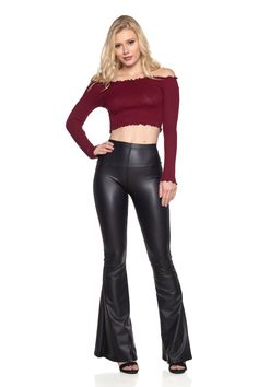 These Faux Leather Flare Bell Bottom Pants offer a chic and stylish look. Crafted from high-quality faux leather, the pants won't lose their shape and feature flattering bell bottom flares for a timeless, on-trend look. Get ready to turn heads when you wear this classic piece. Polyester,Leather,Spandex,Faux Leather Made in the USA no closure closure Hand Wash Only Leather Bell Bottom Pants, Palooza Pants, Leather Flare Pants, Bell Bottom Leggings, Confident Style, Winter Knit Hats, Flare Leg Pants, Bell Bottom Pants, Plus Size Leggings