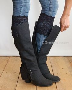 Ugg Boats, Lace Boot Cuffs, Black Lace Boots, Black Stretch Lace, Boot Cuff, High Boots Outfit, Grace And Lace, Boating Outfit