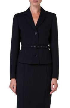 Classic Tailored Belted Blazer, Classic Business Blazer With Belted Cuffs, Elegant Tailored Belted Blazer, Elegant Formal Blazer With Belted Cuffs, Elegant Fitted Blazer With Belted Cuffs, Formal Tailored Belted Blazer, Classic Belted Business Blazer, Classic Belted Blazer For Semi-formal Occasions, Elegant Fitted Outerwear With Belt Loops