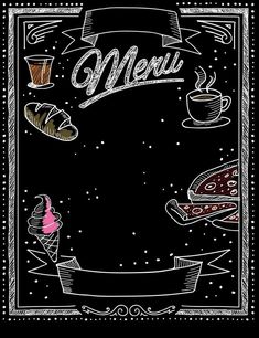 a chalkboard drawing of food and drinks on a black background with the words menu written below it