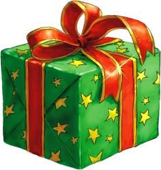 a green gift box with red ribbon and gold stars on it, against a blue background