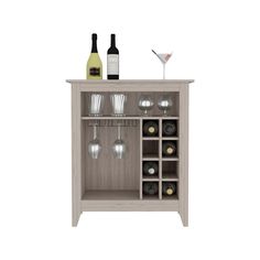 a wooden cabinet with wine glasses and bottles