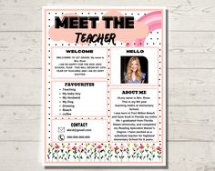 a pink and black teacher's resume with flowers on it, next to a wooden background