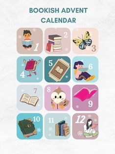 the bookish adventent calendar is filled with books and children's pictures, including an owl