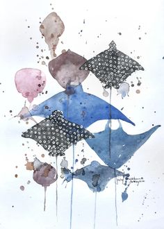 watercolor painting of birds flying in the sky with drops of paint on their wings