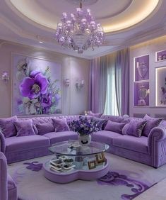 a living room with purple couches and chandelier