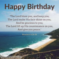 a bible verse about happy birthday with the ocean in the background