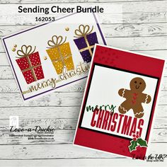 two christmas cards with the words sending cheer bundle on them and an image of a ginger