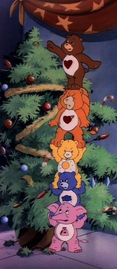 there are many teddy bears standing on top of the christmas tree in this animated scene