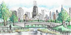 a drawing of a bridge over a river in a city with tall buildings on the other side