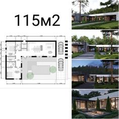 the plans for this modern house are shown in three different views