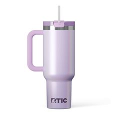 the rtic travel mug is purple and has a straw in it