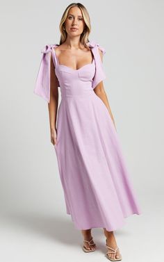 Tymia Midi Dress - Shoulder Tie Bustier Shirred Back A Line in Lavender Fitted Purple Dress With Tie Back, Lavender Maxi Dress For Summer Evening, Purple Fitted Maxi Dress For Bridesmaid, Fitted Purple Maxi Dress For Bridesmaids, Fitted Lavender Maxi Dress For Summer, Fitted Purple A-line Maxi Dress, Summer Lavender Fitted Maxi Dress, Chic Lavender Maxi Dress For Formal Occasions, Purple Maxi Dress For Summer Evening