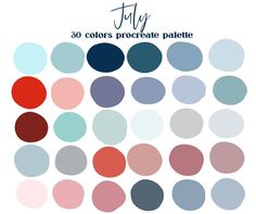 the color palette is shown in shades of blue, red and pink with text that reads 30 colors procreate palette