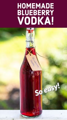 a bottle of homemade blueberry vodka on a table with the words, homemade blueberry vodka so easy