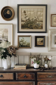 there are many pictures on the wall with flowers in vases next to each other