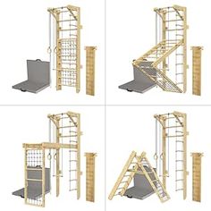 four different views of a wooden structure with steps and ladders to the top right