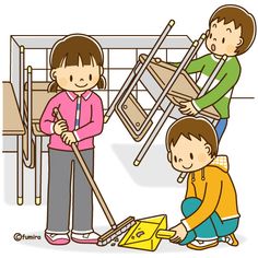 three people are cleaning the floor with mop and brooms in front of them