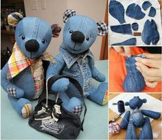 two teddy bears made out of jeans sitting next to each other and one is holding a handbag