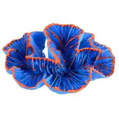 three blue and orange paper flowers on a white background