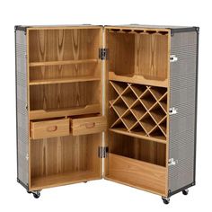 an open wooden wine cooler on wheels with shelves and drawers in the bottom section,