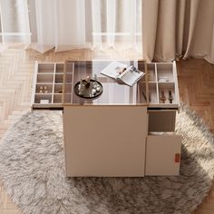 a coffee table with drawers on top of it